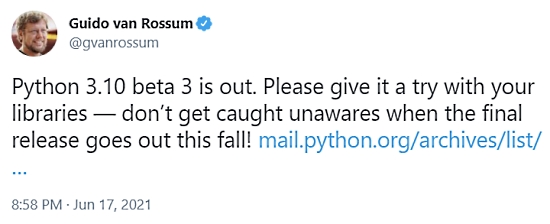 Python 3.10 beta 3 is out
