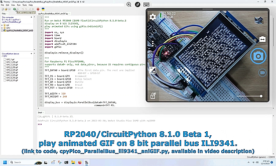 RP2040/CircuitPython 8.1.0 Beta 1, play animated GIF on 8 bit parallel bus ILI9341