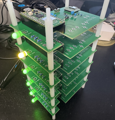 A cluster of 6 Raspberry Pi Pico 2 W boards